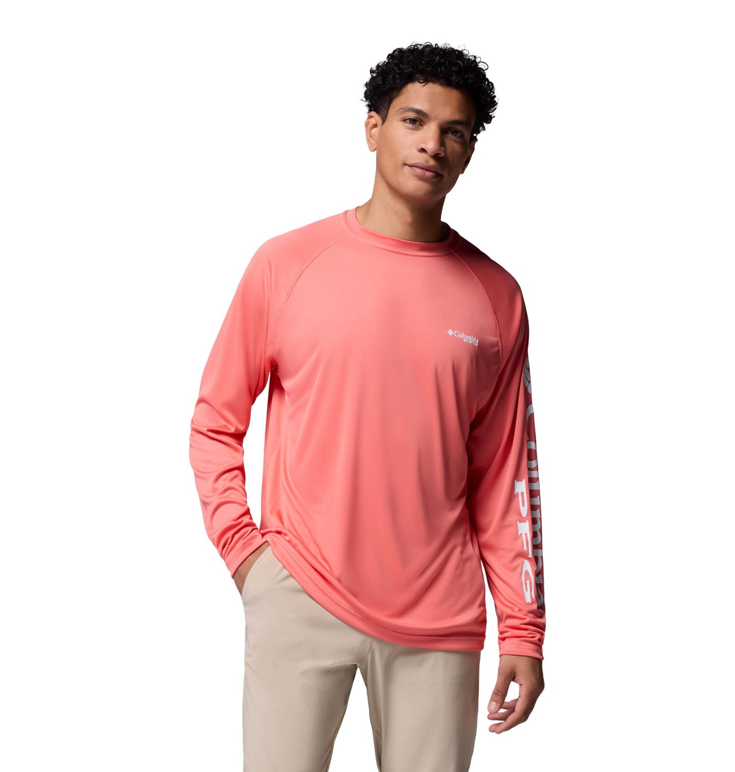 Columbia Men's PFG Terminal Tackle Long Sleeve Fishing Shirt, Melonade/White Logo, 1X