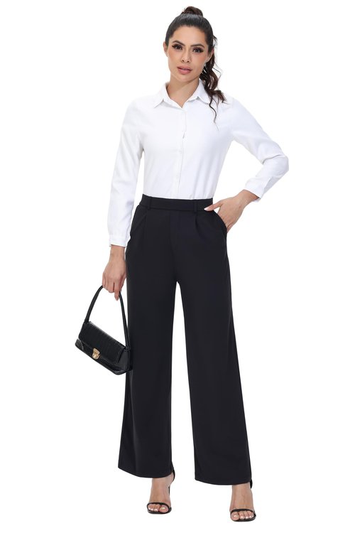 Womens Dress Pants Straight Wide Leg Work Business Casual Trousers Wear Stretchy Pull on Office Slacks Travel Yoga Sweatpants High Waisted with Pockets Tall Comfy Lounge Trendy Clothes Black 31" M
