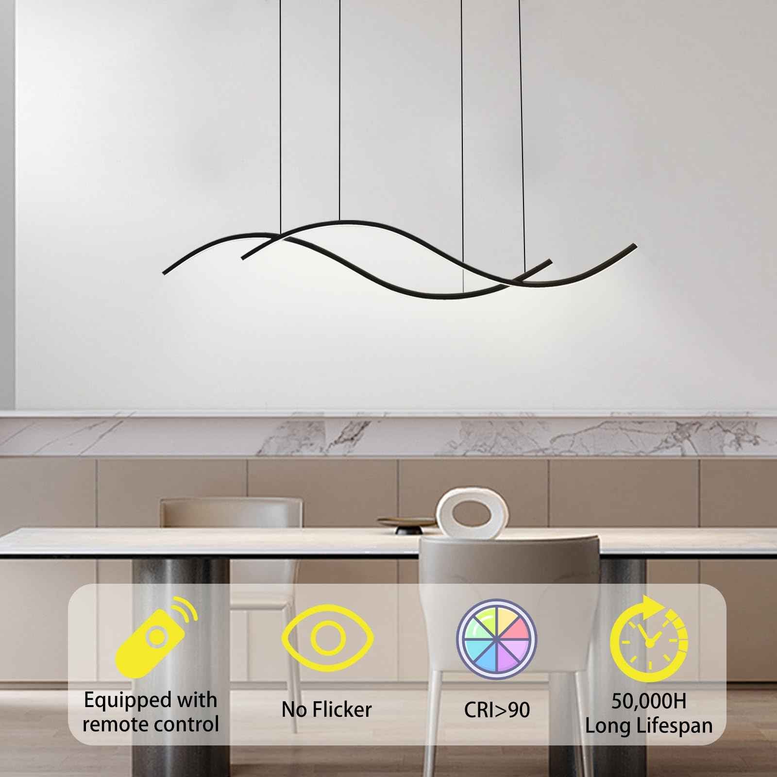 Modern Led Pendant Light, Dimmable Black Led Chandelier for Dining Room Light Fixture Over Table Creative Wave Pendant Light for Kitchen Island, Dining Room, Bedroom