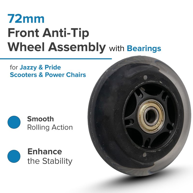 AlveyTech 72 mm Front Anti-Tip Wheel Assembly with Bearings for Jazzy & Pride Scooters & Power Chairs - Replacement Black Scooter Wheels with 608ZZ Bearings, fits Jazzy Elite Power Chair (WHLATIP1004)