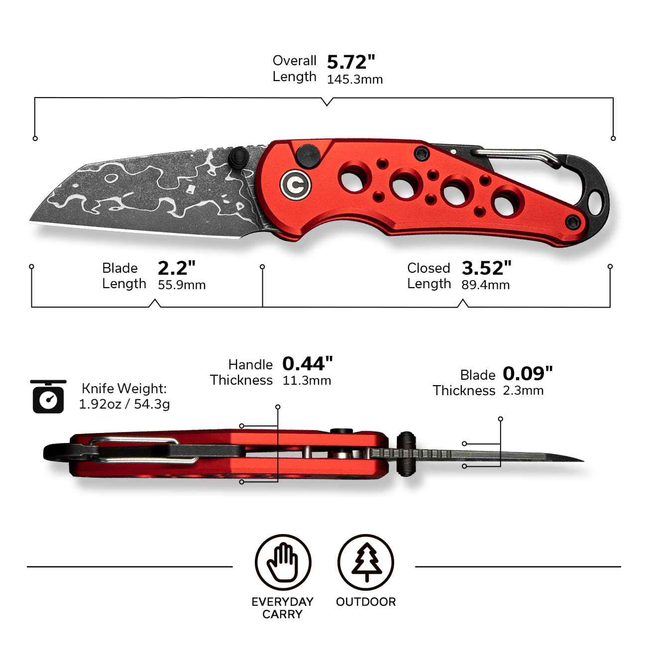 CIVIVI Pragma Folding Knife, Pocket Knife Multitool with EDC Carabiner, Bottle Opener, 2.2" Damascus Blade Aluminum Handle, Ideal Gift for Men Women C23062B-DS1 (Red)