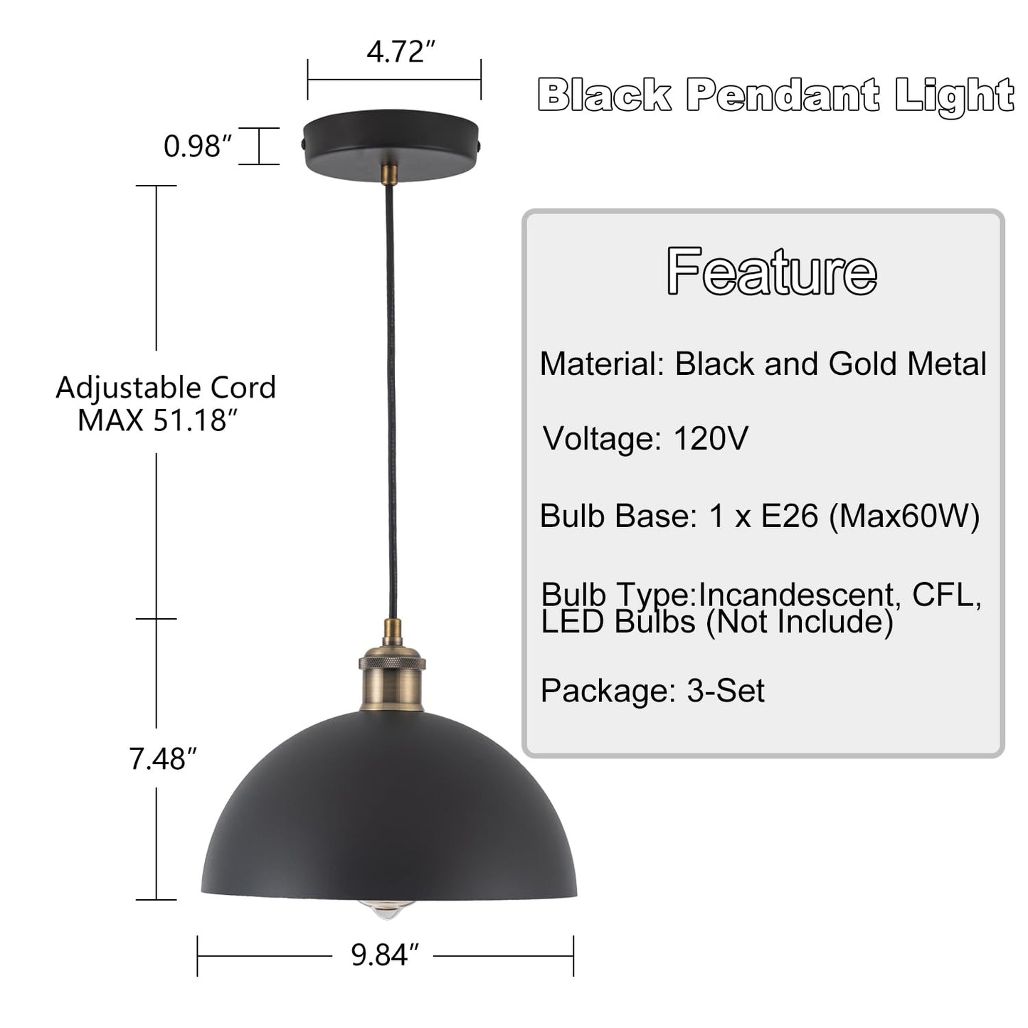 Imfurlayo Industrial Mini Black Pendant Lights 3-Pack Farmhouse 9.84" Black Gold Dome Pendant Lighting Fixture Retro Pendant Light for Kitchen Island, Dining Room, Bedroom, Hallway, Living Room