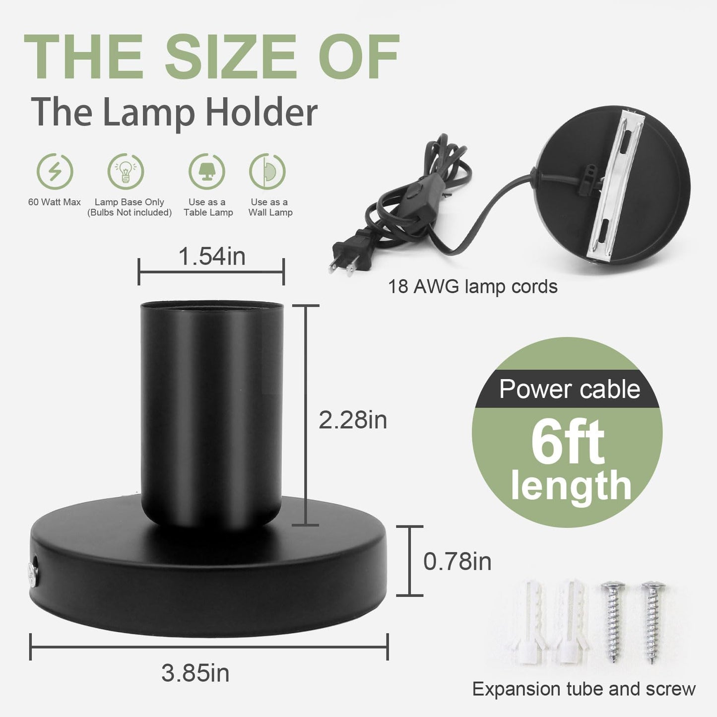 Suoyouman Industrial Table,Small Polished Metal Desktop Lamp Base Only,E26 E27 Screw Light Bulb Holder Base Lamp Replacement Base for Holding Bulb,6 Feet Cord on Off Switch Plug Black 1 Pcs