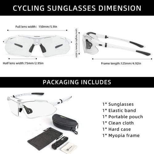 ROCKBROS Photochromic Sports Sunglasses Mens Pickleball Glasses Cycling Glasses MTB Sunglasses, with Removable Elasctic Band，White