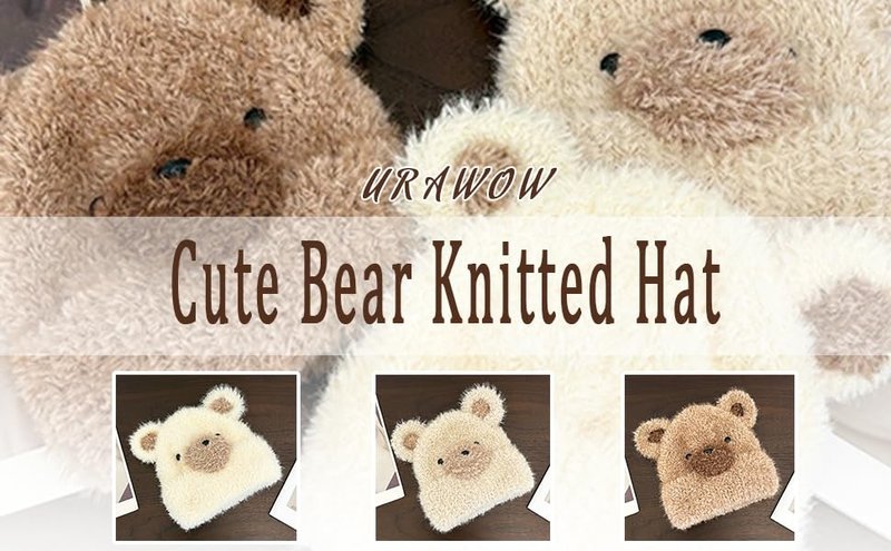 URAWOW Kawaii Bear Beanie Plush Hand Knitted Beanie Skull Cap Fur Fuzzy Furry Winter Hats for Man Women Accessories Brown