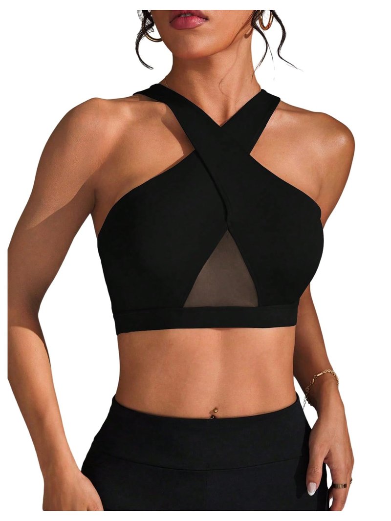 SweatyRocks Women's Criss Cross Mesh Sport Bra Racerback Workout Yoga Crop Tank Top Black Large