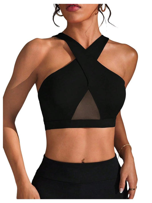SweatyRocks Women's Criss Cross Mesh Sport Bra Racerback Workout Yoga Crop Tank Top Black Large