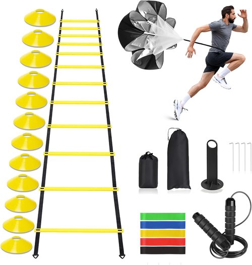 Agility Ladder | 20ft Speed Training Set with 12 Steps, 4 Steel Spikes & 5 Resistance Bands