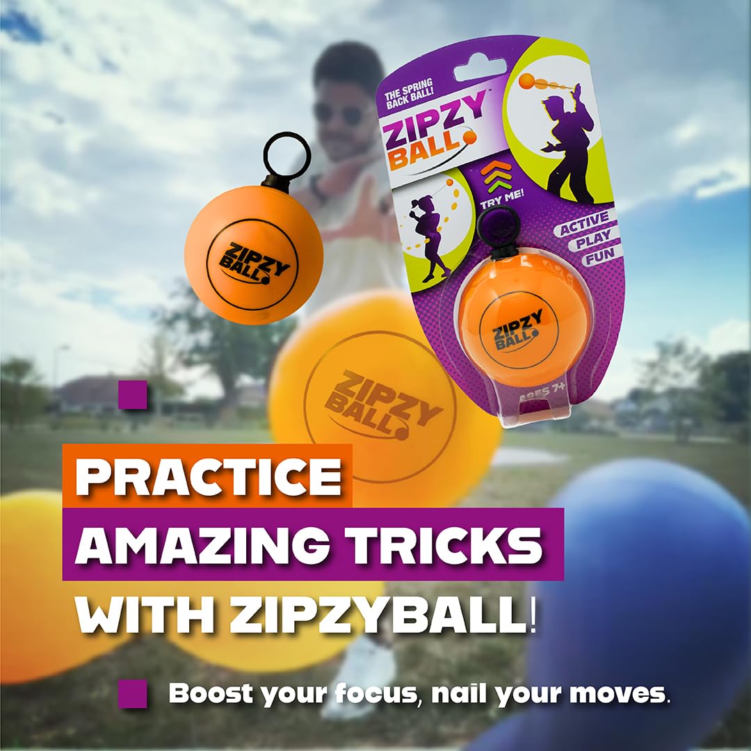 ZipzyBall Sporty Spring Back Hand Ball Fidget - Kid or Adult Indoor and Outdoor All Season Active Play Workout Skill Toy. Recommended for Ages 7 & Up.