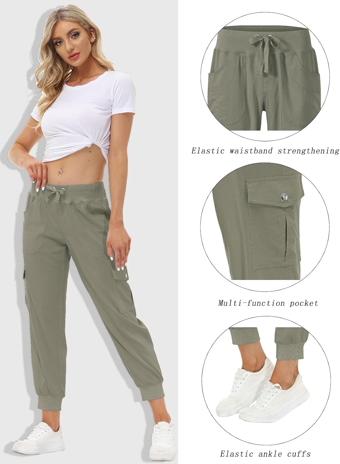 MoFiz Women's Lightweight Hiking Cargo Pants - Quick Dry Casual Travel Joggers with Elastic Waist & Pockets