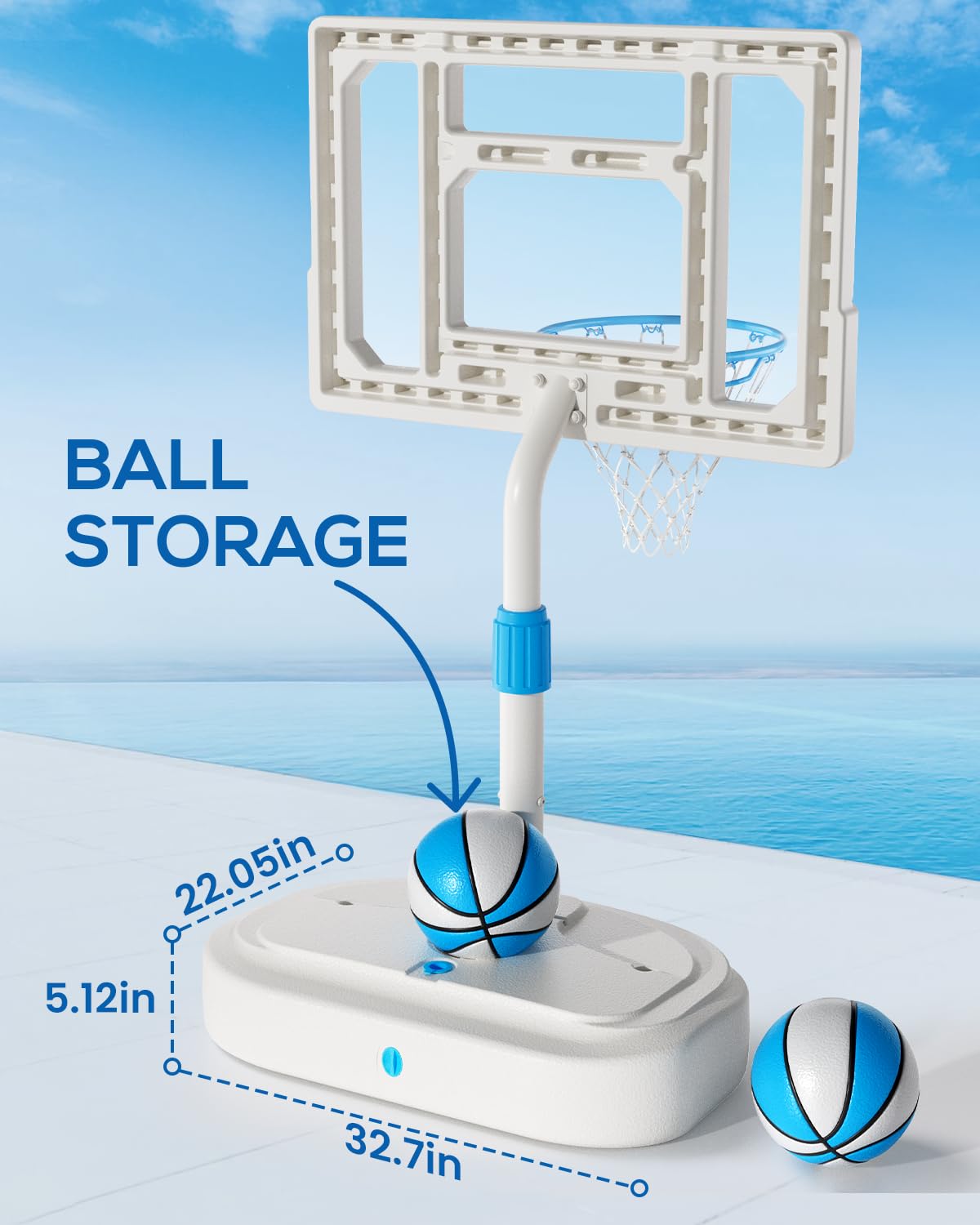 Stainless Steel Pool Basketball Hoop Poolside, Adjustable Swimming Pool Basketball Goal with 32 Inch Shatterproof Backboard, Poolside Water Basketball Hoop, 2 Balls & Pump Included (32in Pool Hoop)