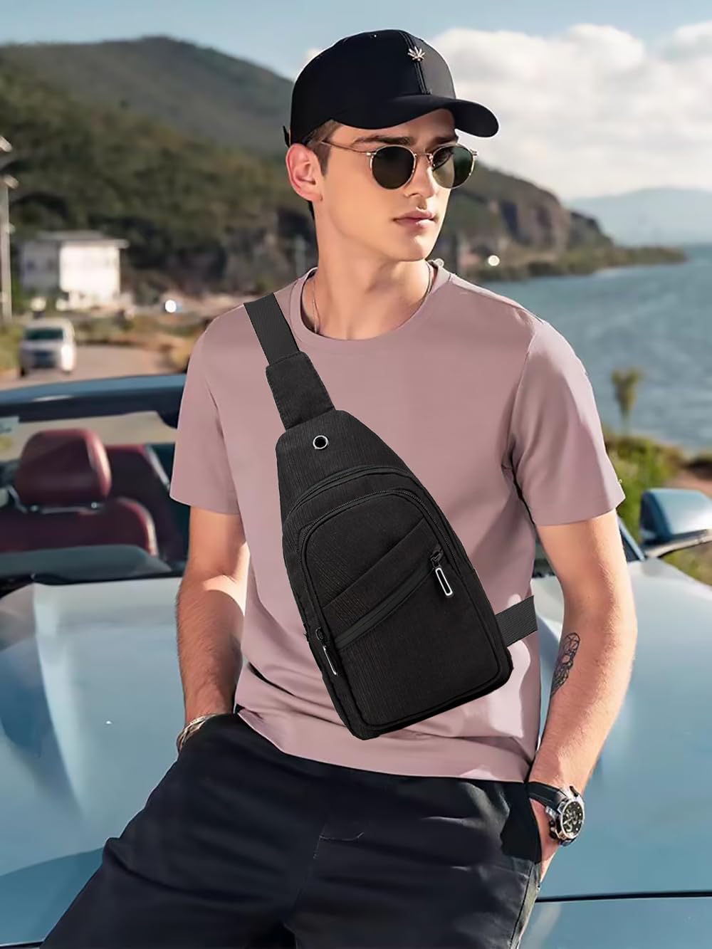 AOSTIHOT Small Sling Backpack Crossbody Sling Bag for Women, Casual Chest Daypack Cross Body for Travel Running Hiking Black White