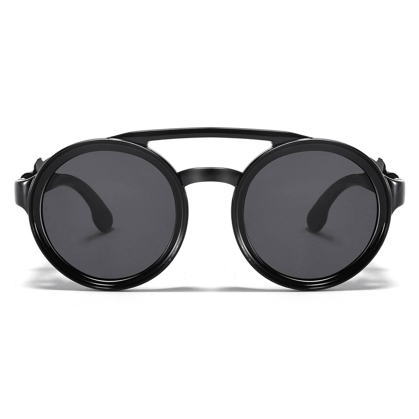 Plinvo Polarized Round Steampunk Sunglasses with Leather Side Double Bridge UV400 Protection Retro Eyewear for Men Women (Black)