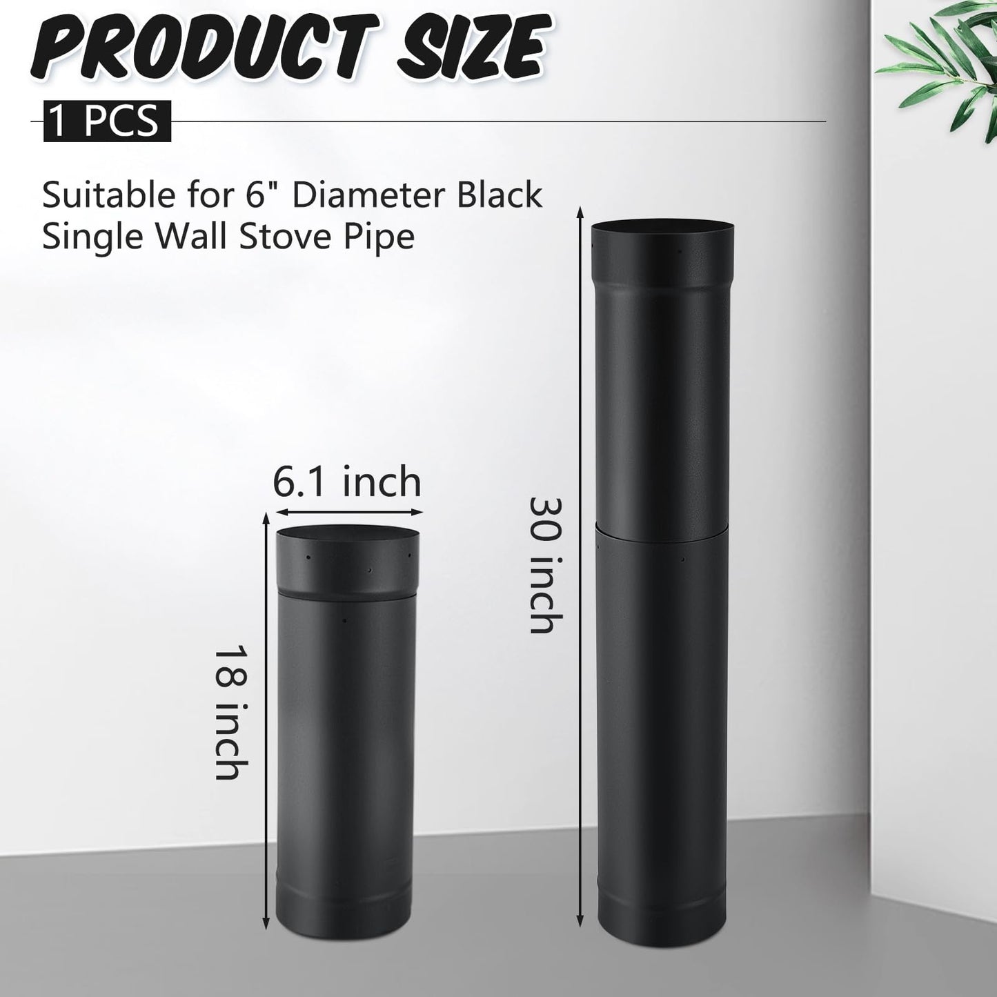 Yaocom 18" to 30" Single Wall Telescoping Pipe 6" Diameter Single Wall Stove Pipe Wood Burning Chimney Pipe, Black