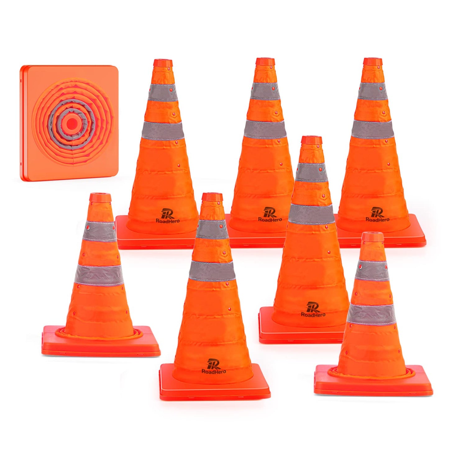 RoadHero Traffic Cones - 18 Inch Collapsible Orange Cones with Reflective Collar | 8 Pack for Road Safety & Sports