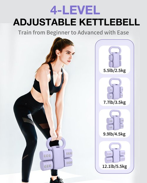Adjustable 2-in-1 Dumbbell & Kettlebell Set, Free Hand Weight 4.4lb~11lb for Home Gym Training, Purple