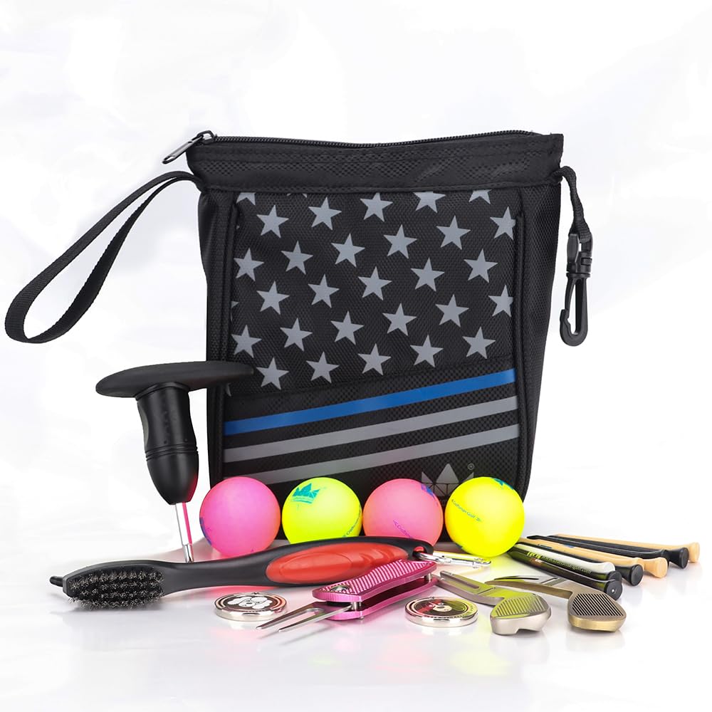 Craftsman Golf Star Stripes Black Waterproof Golf Balls Accessory Bag w/Hook and Wristlet Zipper Closure