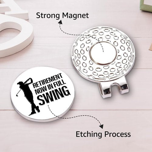 Hafhue Retirement Now in Full Swing Golf Ball Marker with Magnetic Hat Clip, Funny Golf Accessories and Golf Gift for Men Women Dad Grandma Grandpa, Birthday Retirement Gift for Golfer Golf Lover