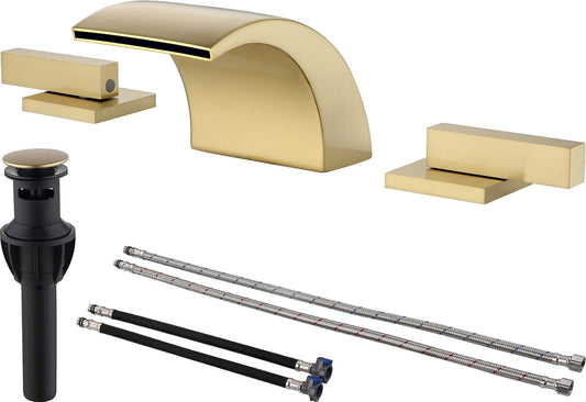 TRUSTMI 8 Inch Widespread Bathroom Faucet Brushed Gold - 2 Handle 3 Hole Lavatory Vanity Sink Faucet with Overflow Pop-Up Drain, Spot Resist, 3.14" Height, 2.7" Wide Waterfall Spout