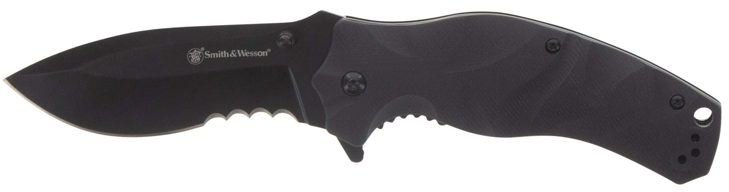 Smith & Wesson Black Ops Recurve 8in S.S. Assisted Opening Knife with 3.5in Drop Point Blade and G10 Handle for Outdoor, Tactical, Survival and EDC