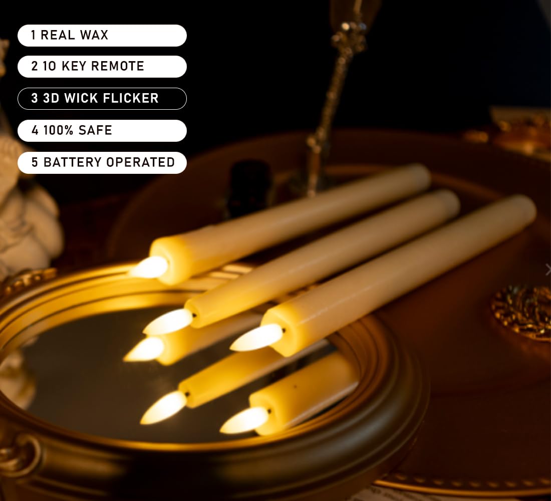 Upgraded Real Wax LED Flameless Taper Candles with Remote, KSWING 2 PCS Ivory Candlesticks Battery Operated 3D Flickering - 9.6" Long Realistic Fake Candle Sticks for Home/Wedding/Fireplace Xmas Decor