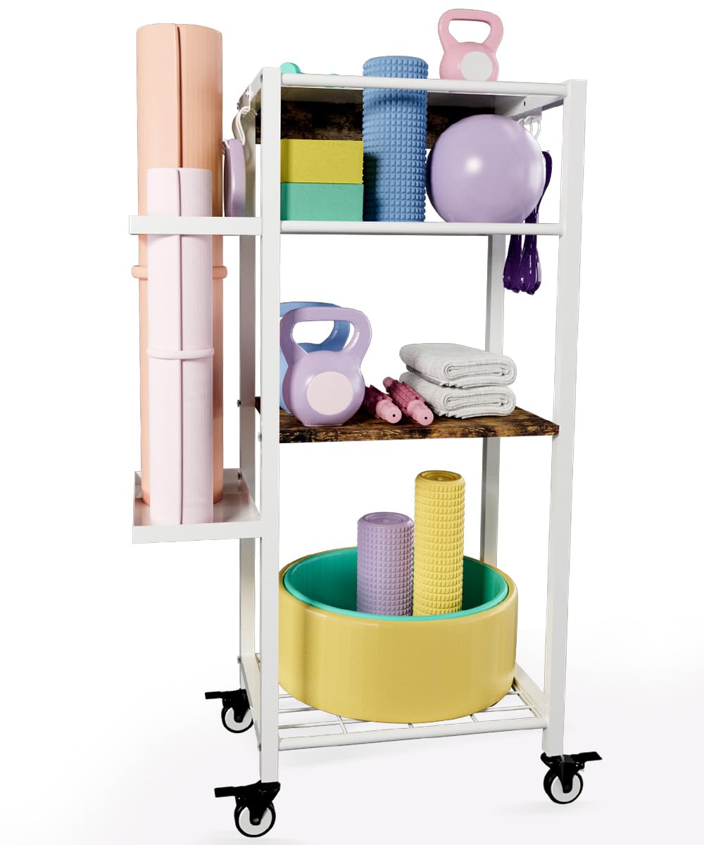 Ardier Yoga Mat Storage Rack with Wheels, 3 Tier Home Gym Workout Equipment Organizer for Dumbbells, Kettlebells, Foam Rollers