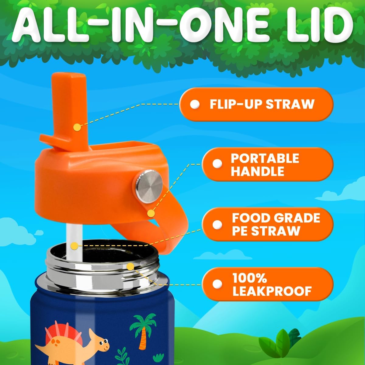Skiennix Dinosaur Water Bottle - 12 Oz Insulated Stainless Steel with Straw Lid | Perfect for Kids' Sports & School