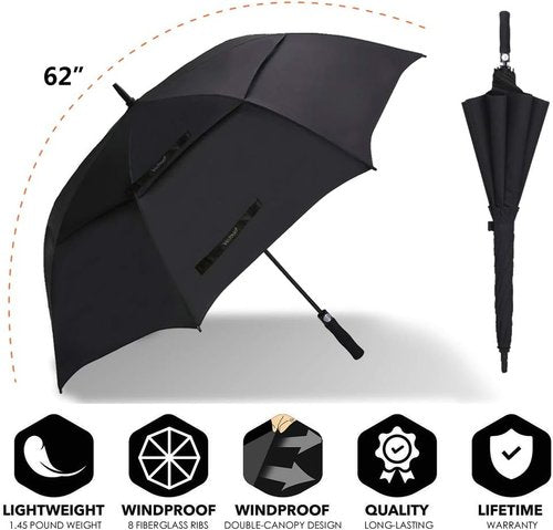 Large Oversize Golf Umbrella by USA - Windproof Double Canopy with Teflon Coating | Coal Black