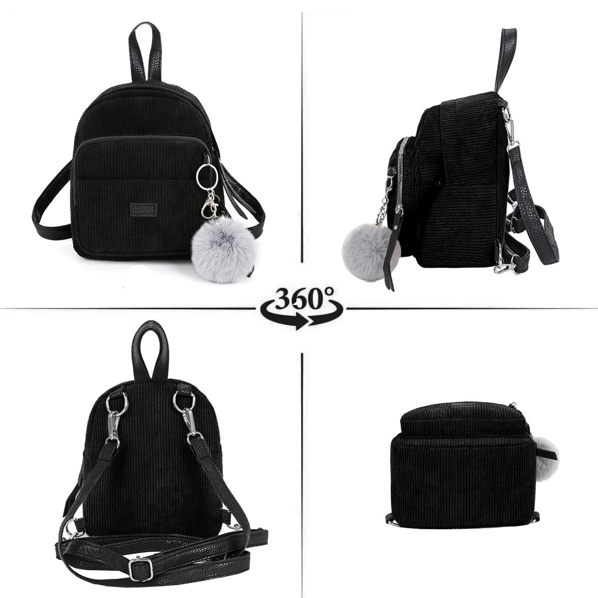 Sunwel Fashion Cute Mini Backpack 3 Way Carry Light-weight Corduroy Casual Daypack Detachable Keyring Fur Pom Pom Ball for Women (black)