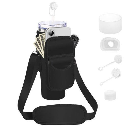 BOCMTR Water Bottle Holder with Strap for Stanley 30/40 oz Tumbler, Fashion Stanley Cup Bag with Big Phone Pocket, Silicone Boot, Straw Cover & Leak Proof Stoppers (Black)