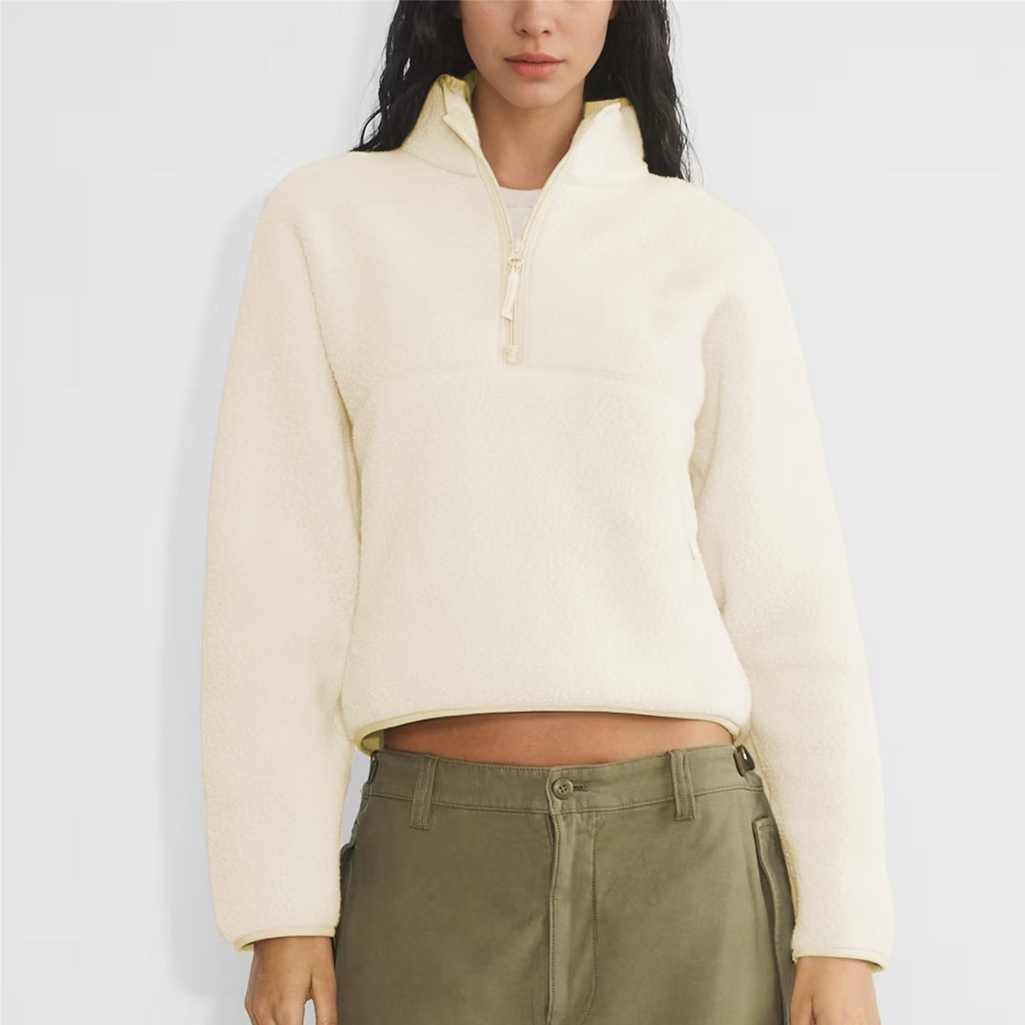 Polomitas Women Pullover Sweatshirt Sherpa Cropped Fleece Jacket Half Zip Fuzzy Clothes Trendy Fall Jackets with Pockets(Beige, M)