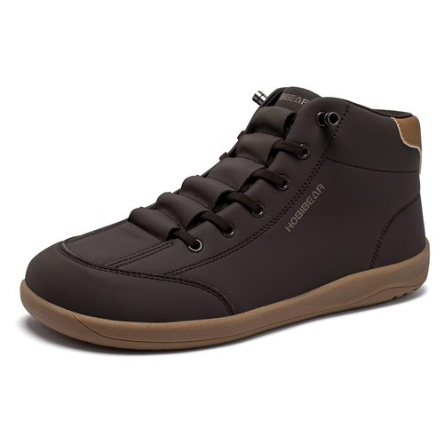 HOBIBEAR Leather Barefoot Boots Zero-Drop Wide Width Minimalist Shoes Unisex Mid Top Walking Boots(Dark Brown Women 8,Men 7)