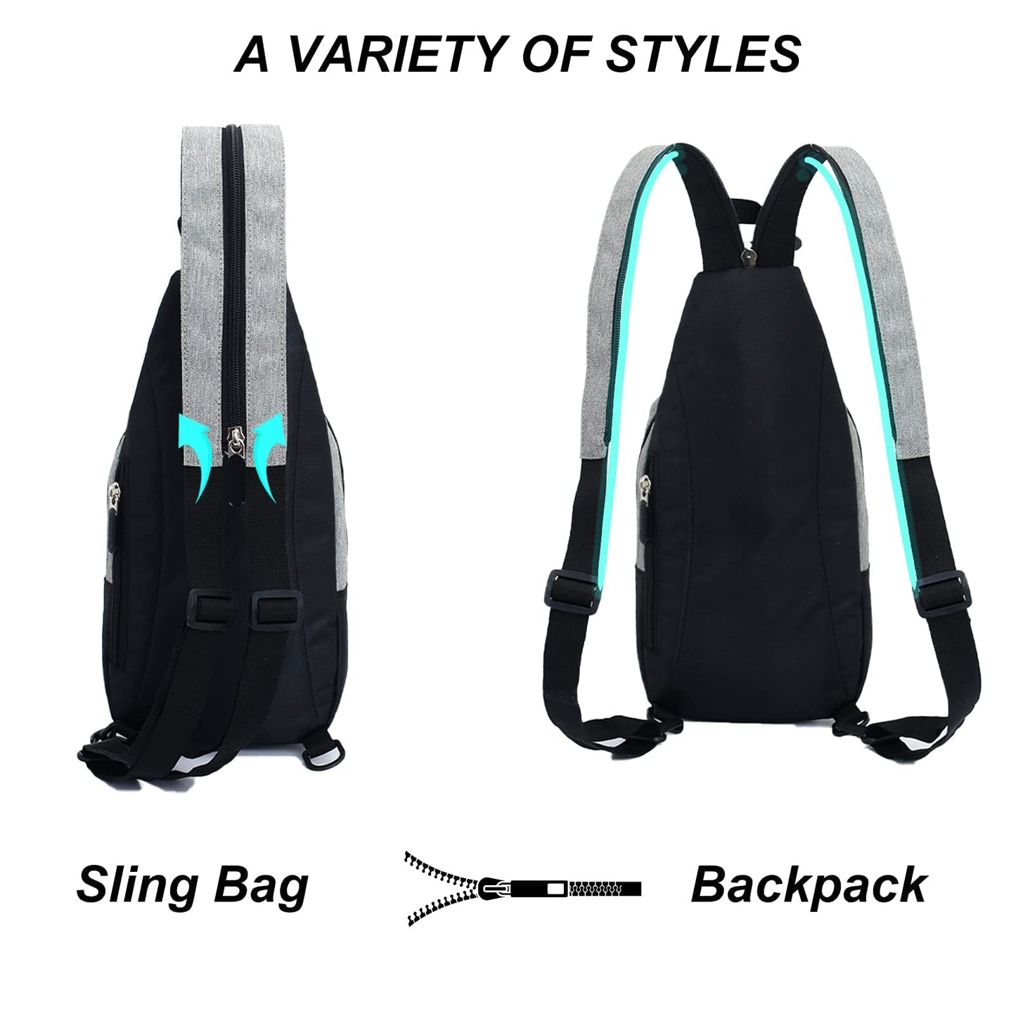 Peicees Mini Sling Bag for Women Mens Convertible Crossbody Backpack Small Shoulder Bag Chest Daypack with Zipper Strap