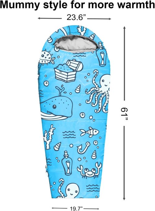 KidzAdventure Kids Sleeping Bag - Mummy Style, Lightweight, 4 Seasons | Includes Pillow Sleeve, Ideal for Camping & Sleepovers