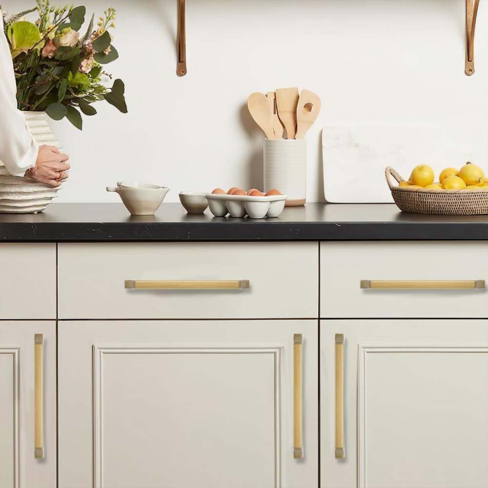 khtumeware 2-Pack 4 Inch Square Brushed Gold Cabinet Pulls, Solid Satin Gold Zinc Alloy Heavy-Duty Handles for Kitchen/Bathroom Cabinets, Drawers & Cupboards (4 Inch Center to Center)