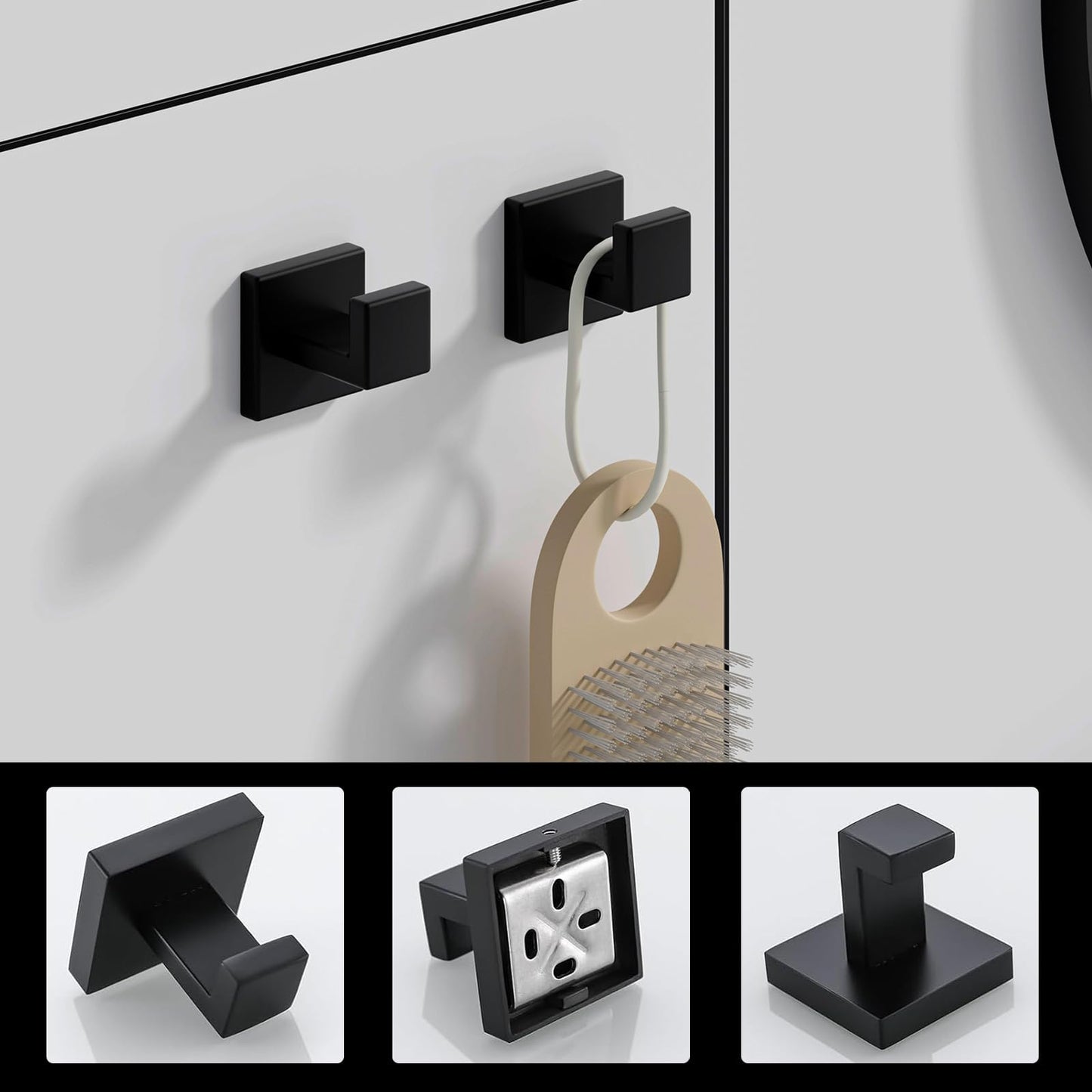 PAHSFS Bath Towel Hooks Matte Black - 2 Pack SUS304 Stainless Steel Bathroom Towel Hook - Modern Square Style Wall Mounted - Heavy Duty Wall Hook for Bathroom & Kitchen