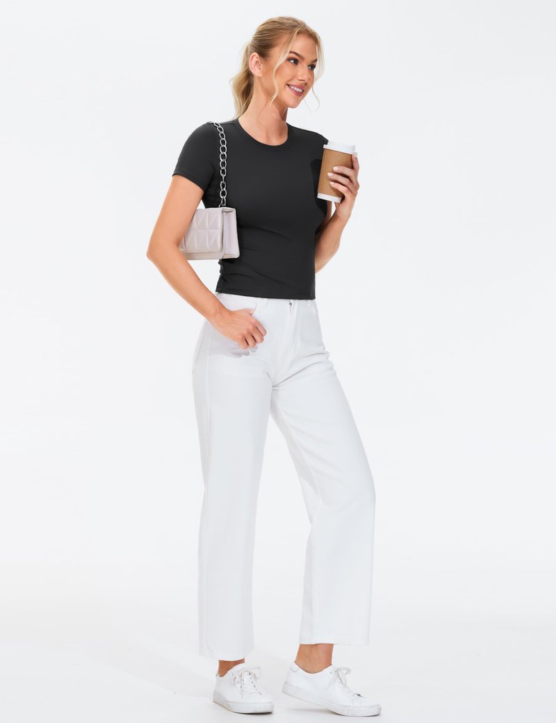 THE GYM PEOPLE Women's Workout Tops Short Sleeve Slim Fit Breathable Athletic Yoga Running Casual Basic Tee Shirts Black