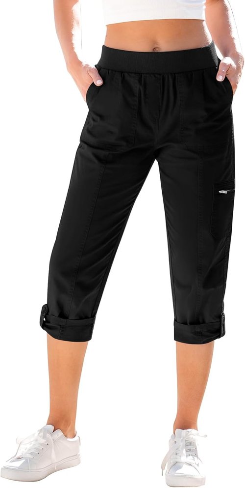 GRAPENT Capri Cargo Pants - High Waisted, Stretch Twill with Pockets - Comfortable & Stylish Design