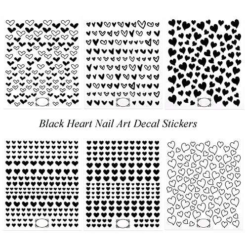 Black Hearts Nail Art Stickers - 6 Self-Adhesive Sheets