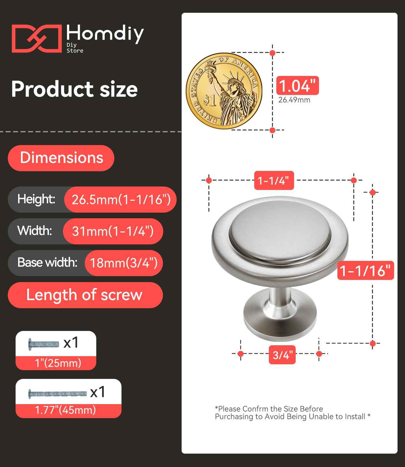 homdiy 10 Pack Brushed Nickel Cabinet Knobs Round Silver Kitchen Knobs for Cabinets, Dresser Drawer Pulls, Zinc Alloy