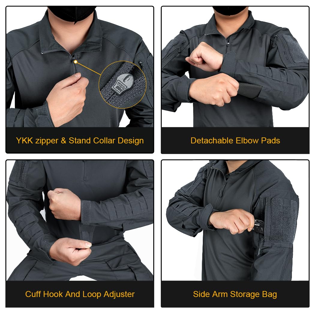 IDOGEAR Men’s Combat Shirts Tactical Long Sleeve Shirt with Elbow Pads Military BDU Shirts with Pockets Airsoft Clothing(Gray,Large)