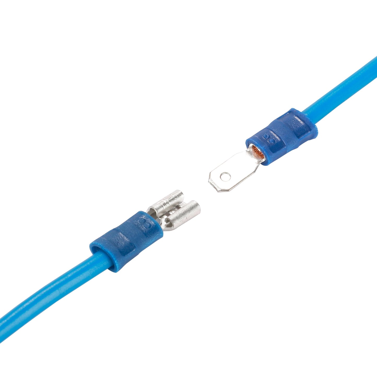 HKS 150PCS Blue Female Vinyl Insulated Spade Connectors, 16-14 AWG (1.5-2.0 mm²) Quick Disconnect Terminals, 4.8 mm (3/16") PVC-Sleeved Tinned Brass Wire Connectors Kit
