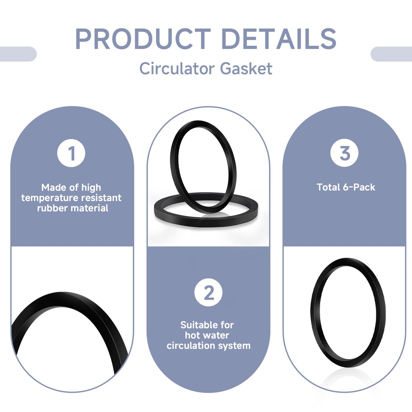 Numano (6-Pack) For 007-007RP High-Temperature Rubber Flange Gasket Set for Circulating Pumps flange gaskets, Compatible with Taco Water Heating Systems