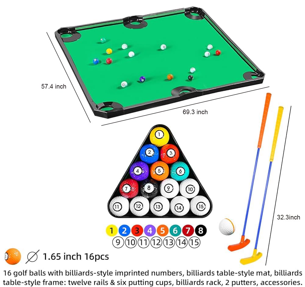 GOODLYSPORTS Pool Golf Indoor Family Game with Putting Mat 69.3 L x 57.5" W, Includes 2 Clubs, 16 Ball, 6 Holes, Golf Putting Mat Indoor Golf Game, Putting Green, Golf Games for Adults Indoor