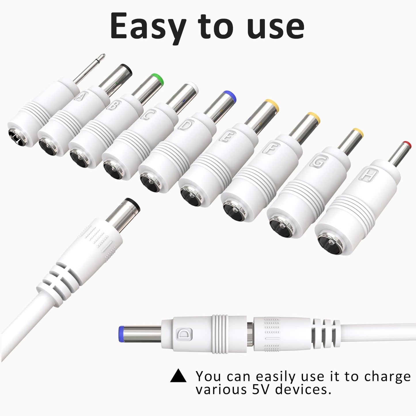 Cordro USB to DC 5V Power Cord, Universal DC 5.5x2.1mm Plug Jack Charging Cable with 9 Adapters for Moon Lamp, Massage Wand, Router, LED Light, Mini Fan, Speaker and More Devices (White)