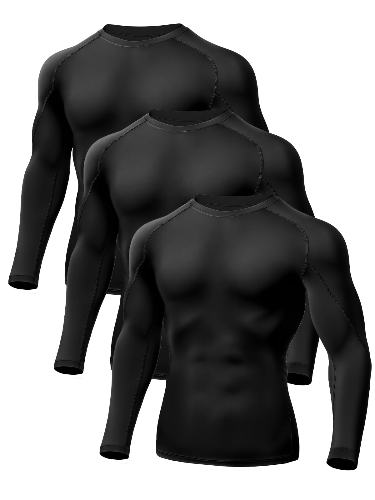 Odoland 3 Pack Long Sleeve Compression Shirts for Men, Crew Neck Sports Undershirt, Athletic Base Layer Top for Workouts Gym,Black*3,XXXL