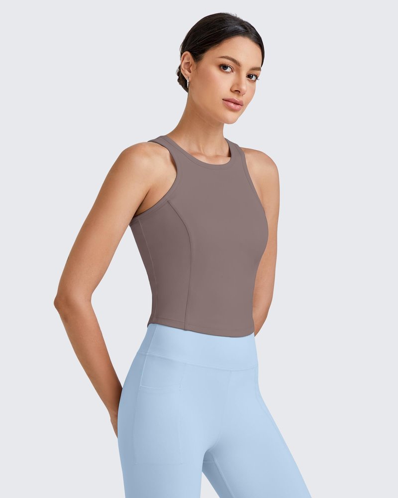 G4Free Yoga Tank Tops for Women with Built in Bras Racerback Longline Sports Bra Removable Pads Summer Clothes for Workout Running (Taupe,XL)