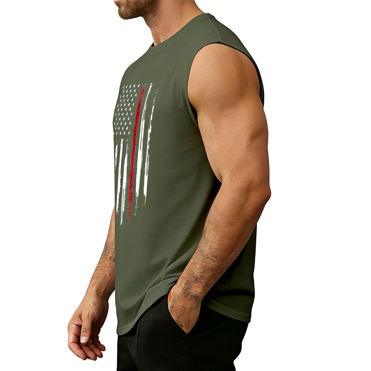 CUIFUTANG Men American Flag Tank Top Sleeveless Graphic Muscle Tee Gym Workout USA Sleeveless Tee Shirts - Green-XXL