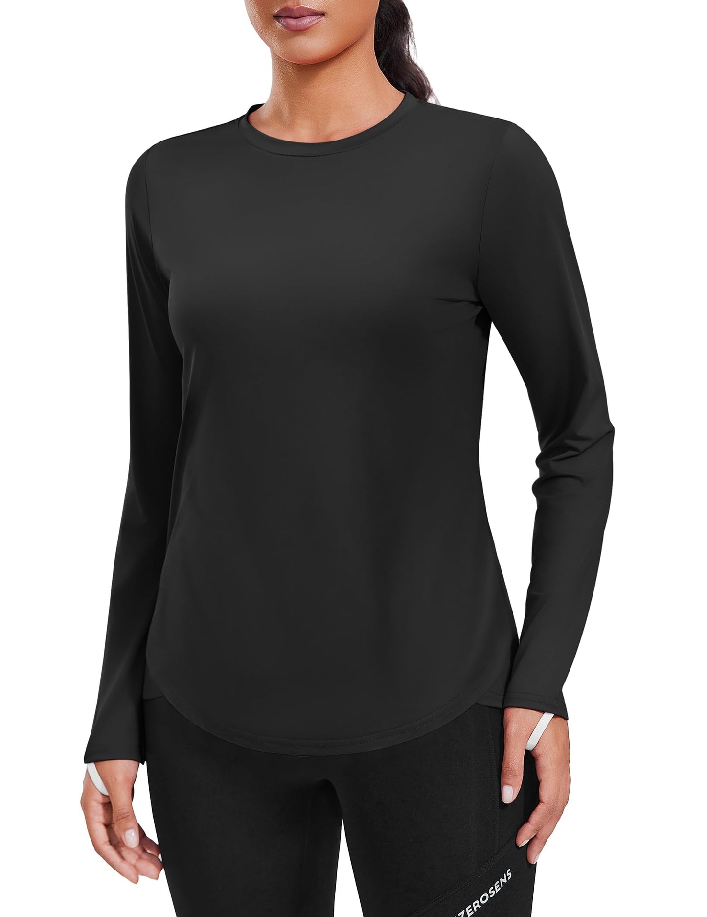PINSPARK SPF Shirts for Women Long Sleeve Lightweight Hiking Top with Thumbholes Quick Dry Vocation Travel Shirt, Black Large