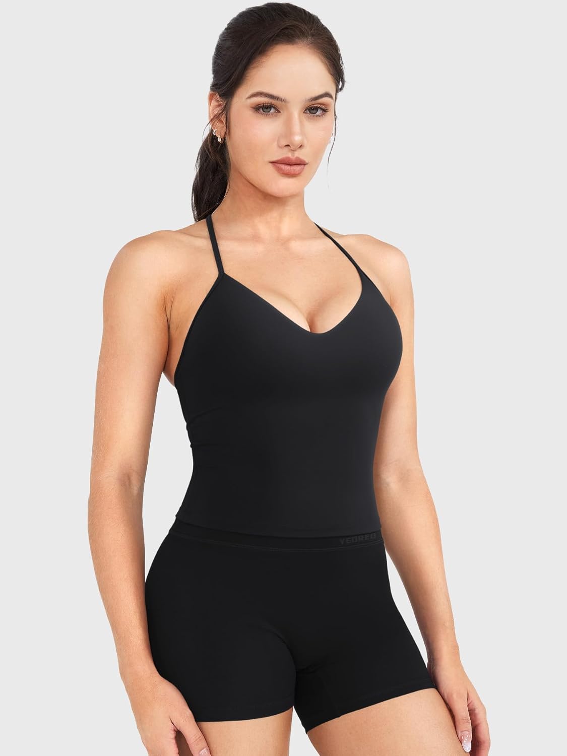 YEOREO Women's Halter Tank Top - Padded Deep V Neck Crop Top with Built-in Bra for Gym Workouts